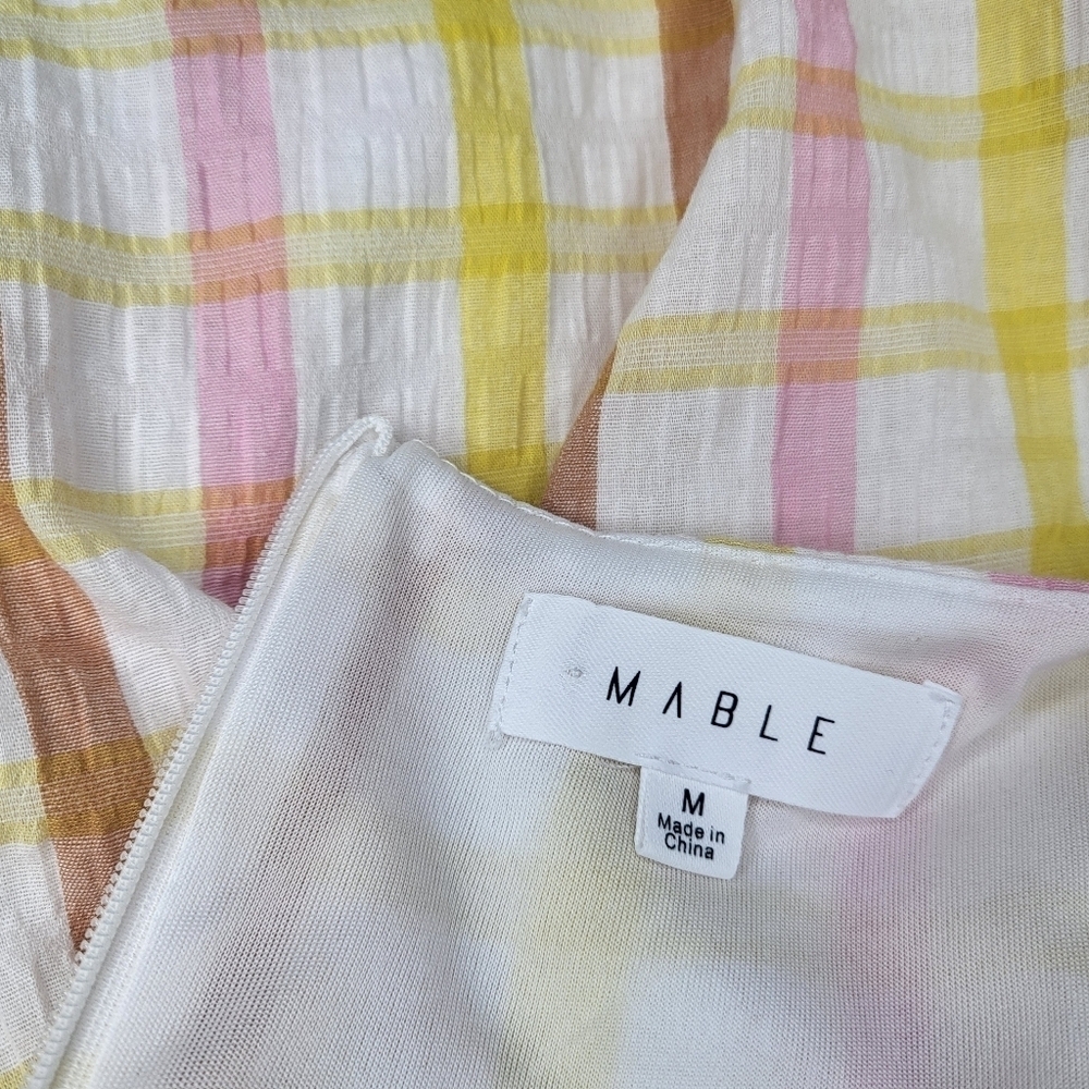 Mable Dress Babydoll White Pastel Plaid Square Neck Puff Sleeves Tie Back Size M - Picture 8 of 9
